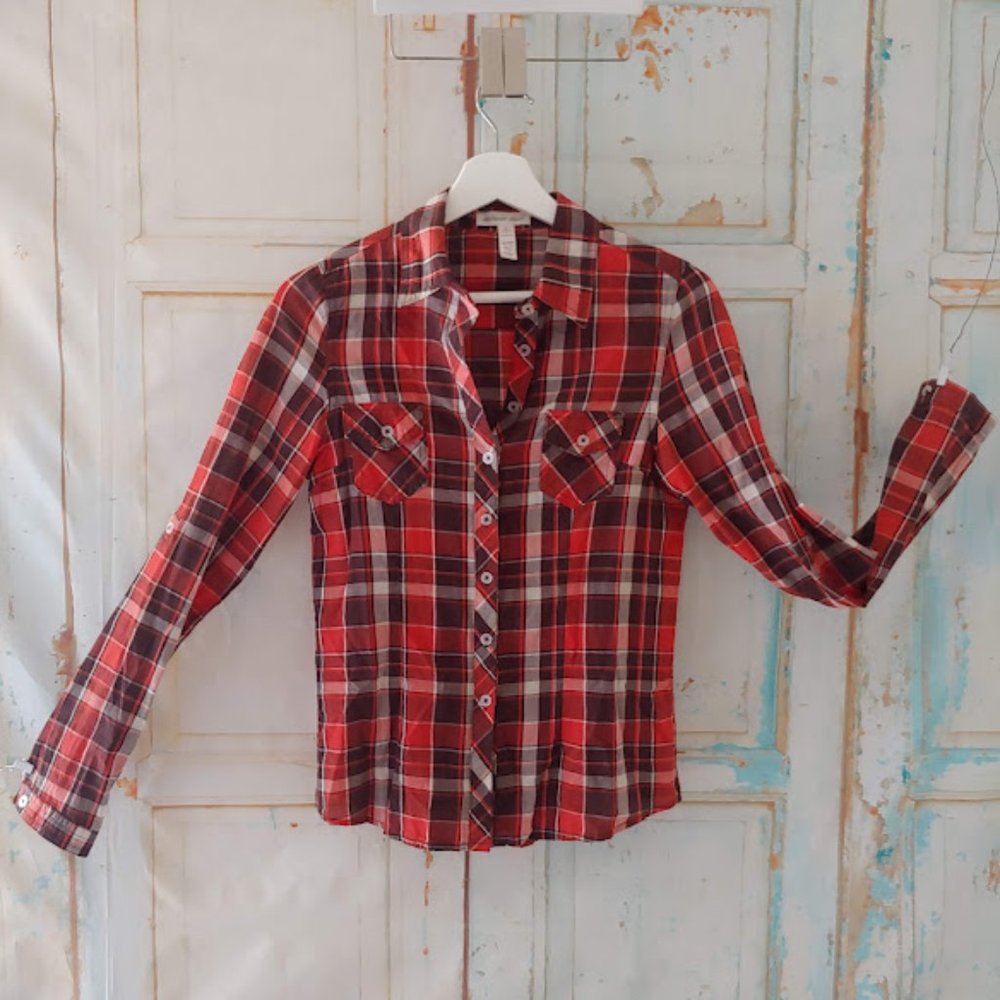 Ambiance apparel plaid short/long sleeve button collared shirt/top/S/orange brwn